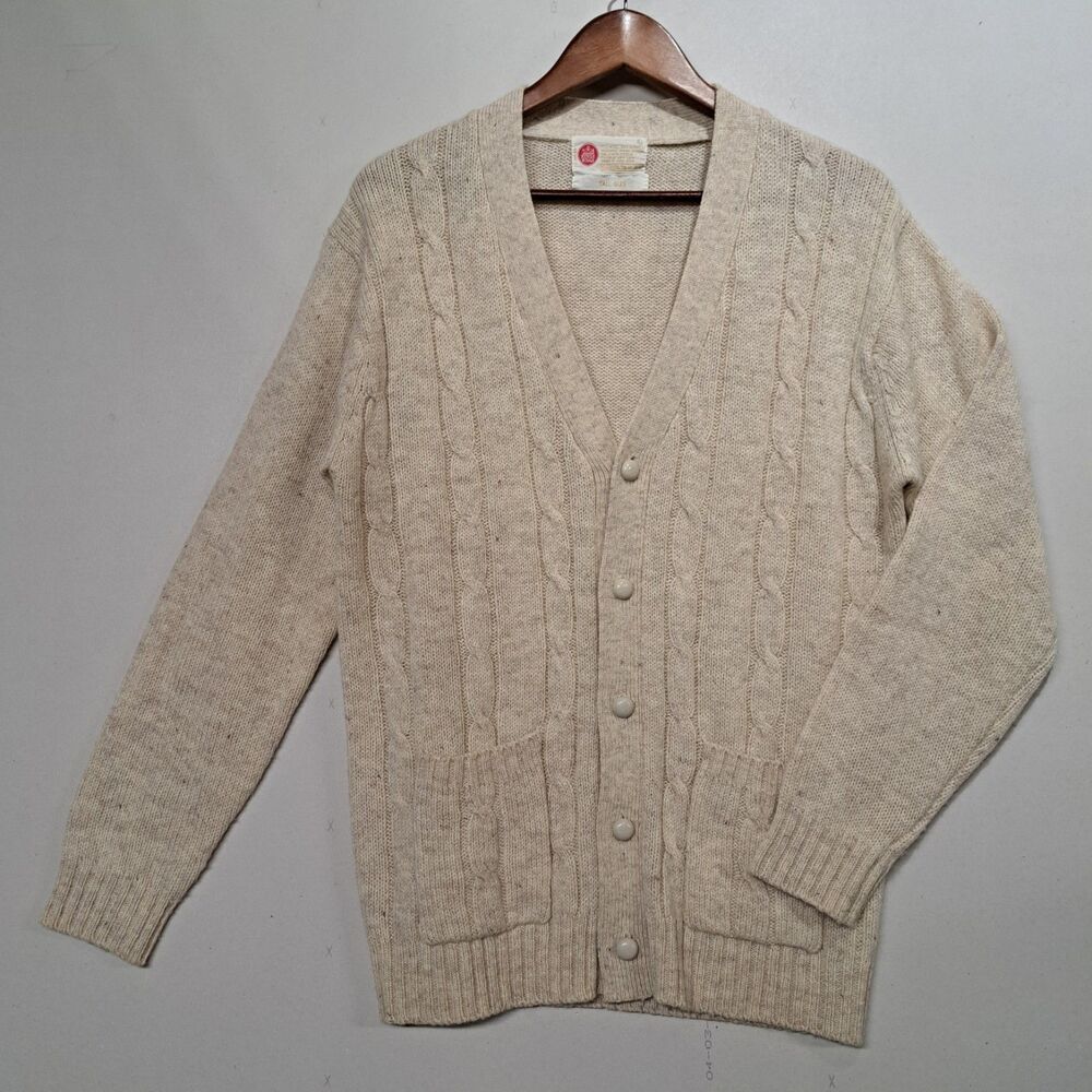 Kings Road Sears Mens Store Wool V Neck 5 Button Cardigan Beige Cream Large